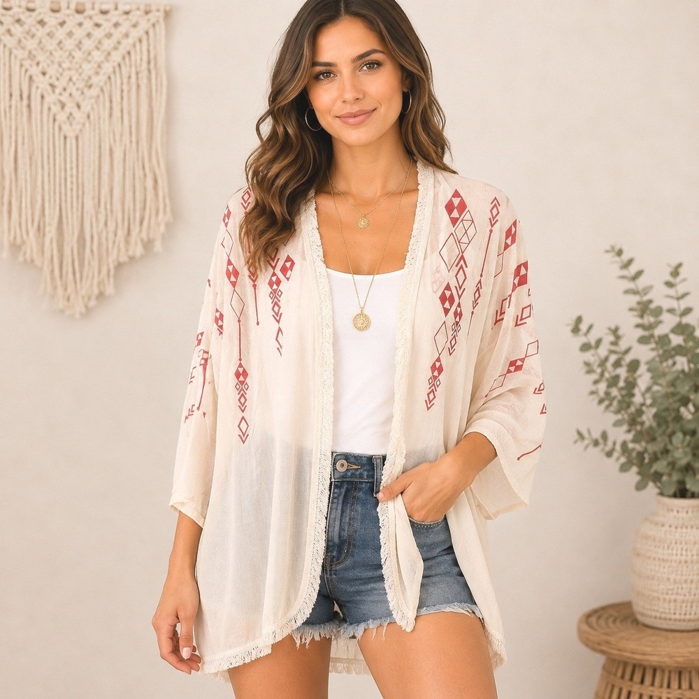 Jolt XL Sheer Boho Kimono Cardigan Ivory Red Geometric Fringe Duster Festival